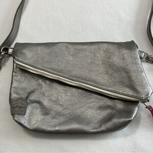 Whitney Paige pewter leather hot pink lined fold over crossbody bag